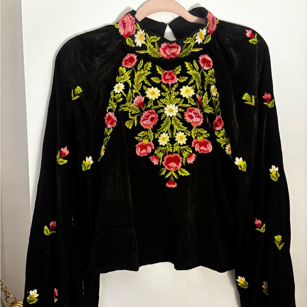 Free People Floral Embroidered Black Top
